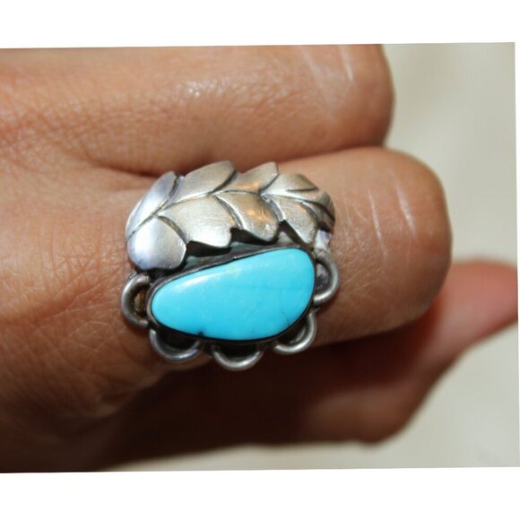 Sterling Silver Turquoise Navajo Ring Feather Native American 5.5 Signed 7.9g - Picture 1 of 11